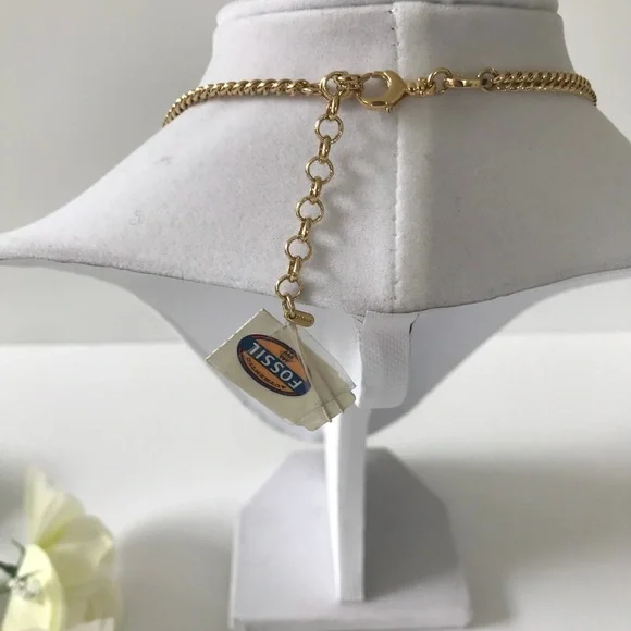 Nwt Fossil Gold Tone Statement Necklace With Black Beige Stones And Pave 16”-18” - Picture 3 of 3